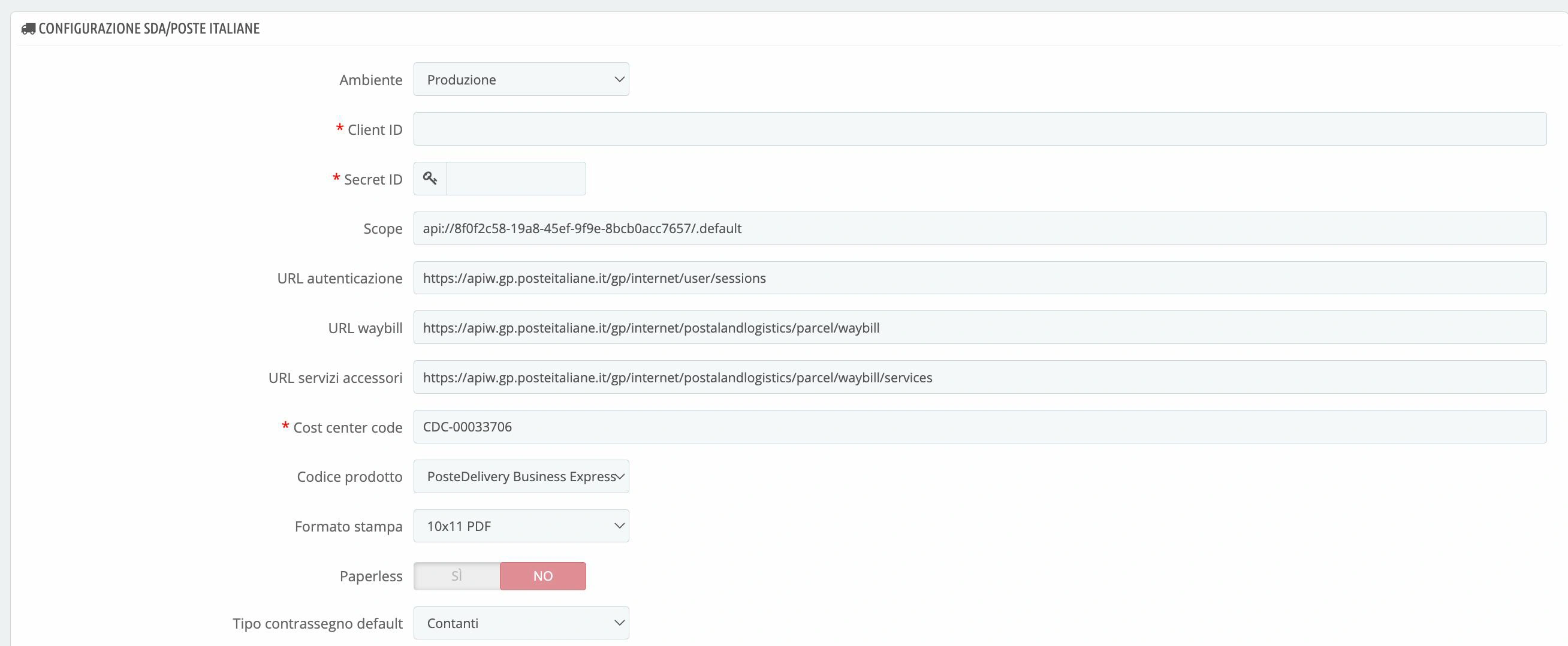 Schermata di configurazione del modulo nel pannello PrestaShop