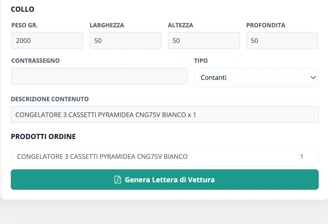 Schermata di generazione del PDF della lettera di vettura