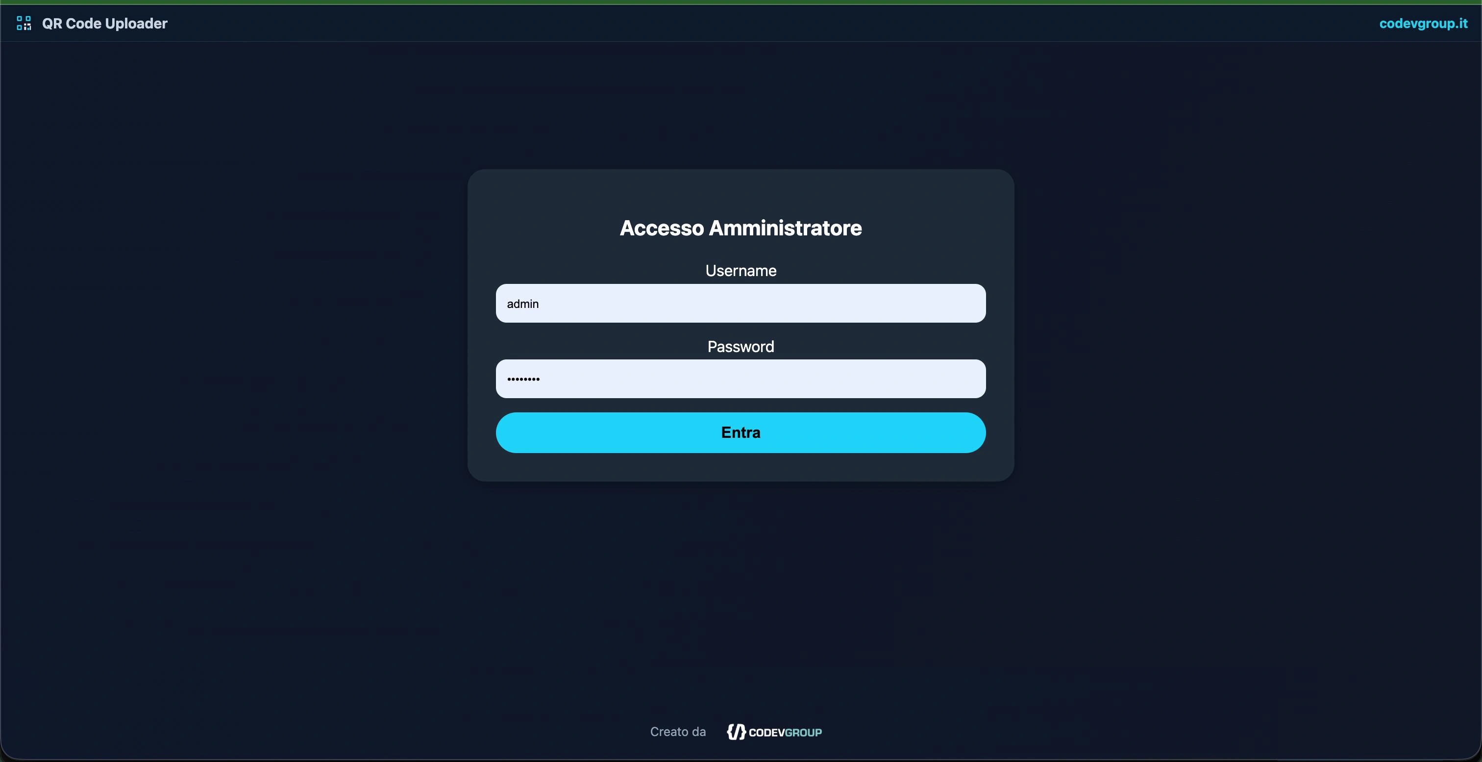 Schermata di accesso al pannello di Codev QR Immagini